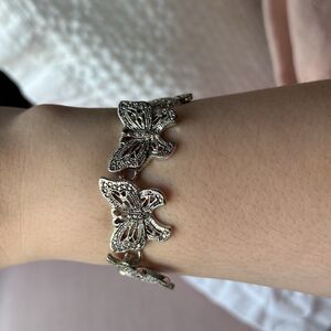 Vintage Marcasite Butterfly Link Bracelet, Silver Tone, Secure Clasp